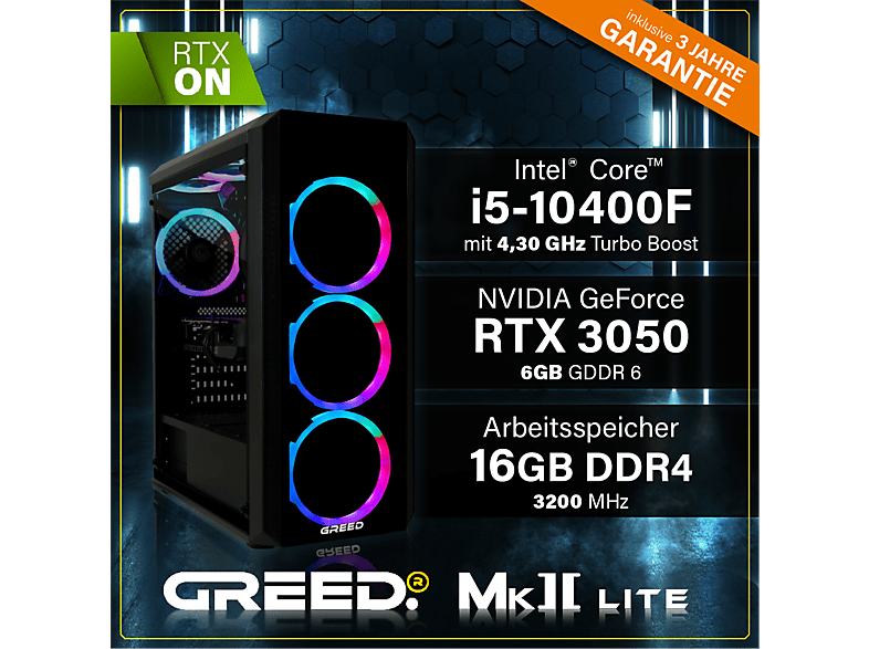 PC Gaming - Greed MK2 Intel Lite | Gaming Ordenador / Computer, Intel Core i5 10400F, 16 GB RAM, 512 GB SSD, GeForce RTX™ 3050, Windows 11 Pro, Negro