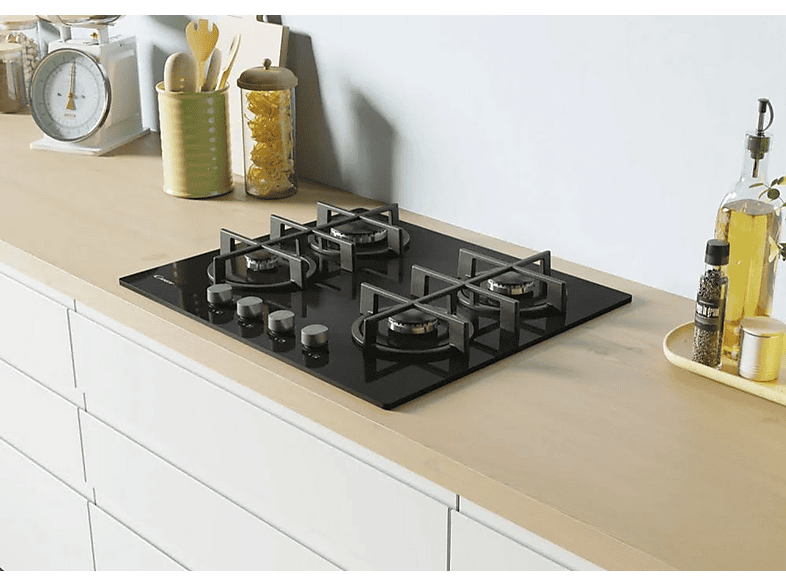 Placa de gas - Candy CVG6B, 4 zonas, NG + LPG (Butane), 595 mm, Negro