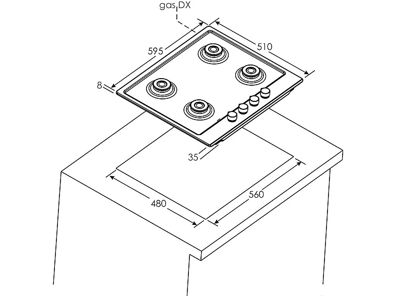 Placa de gas - Candy 33801984, 4 zonas, Gas Natural, 595 mm, Acero inoxidable