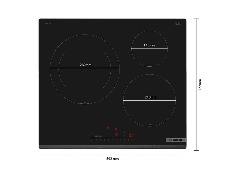 Placa de inducción - Bosch PIJ631HC1E, 3 zonas, 592 mm, Negro