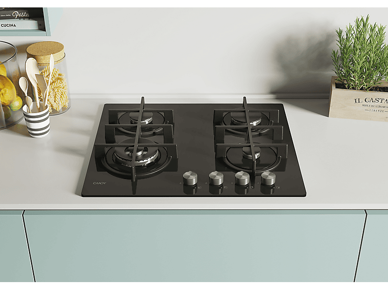 Placa de gas - Candy CDK6GF4WEKB, 4 zonas, 595 mm, Negro