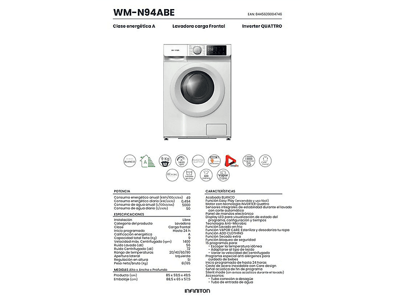 Lavadora carga frontal - Infiniton WM-N94ABE, 9 kg, 15 programas, Blanco