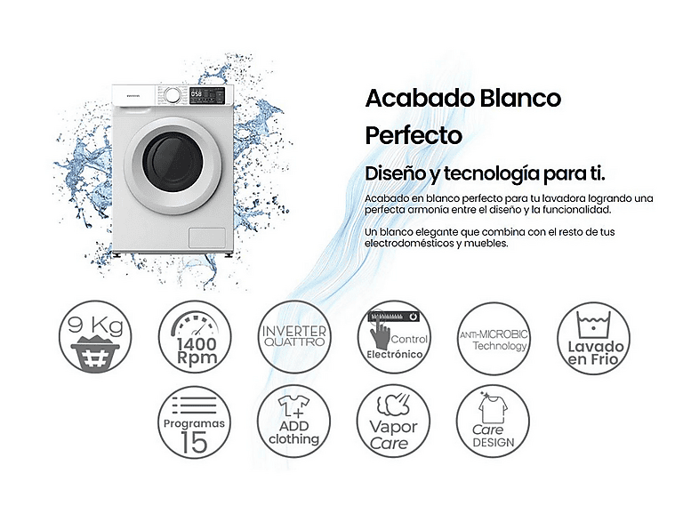 Lavadora carga frontal - Infiniton WM-N94ABE, 9 kg, 15 programas, Blanco