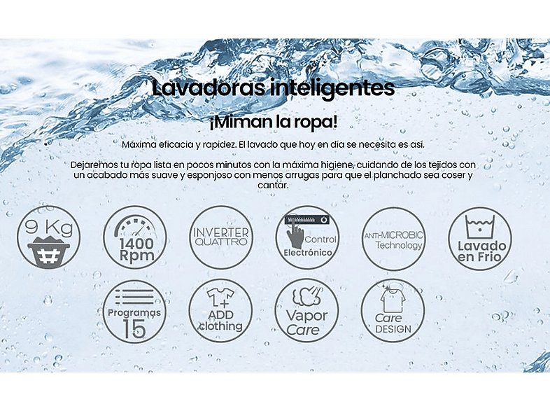 Lavadora carga frontal - Infiniton WM-N94ABE, 9 kg, 15 programas, Blanco