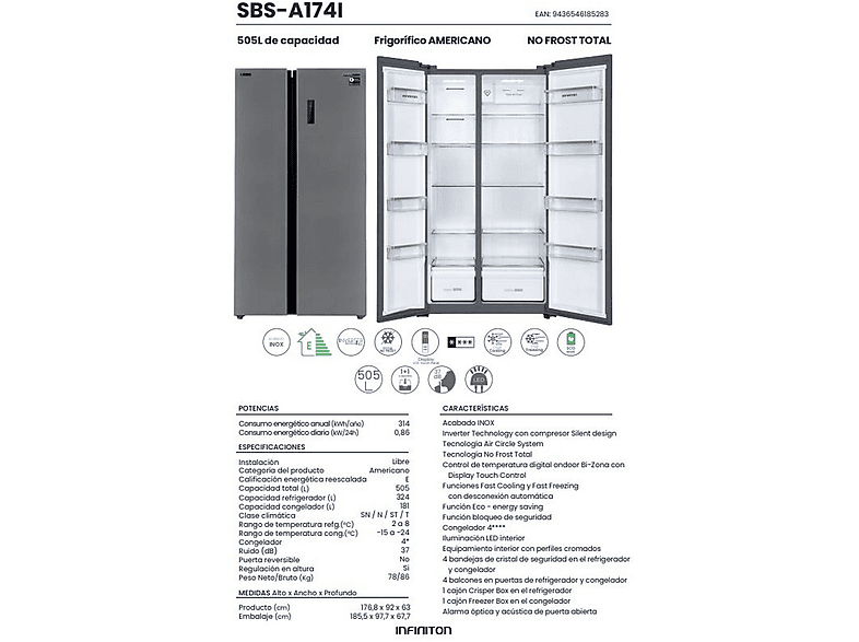 Frigorifico americano - Infiniton SBS-A174I, No Frost, Altura 176,8 cm, Capacidad 505 l, Inox