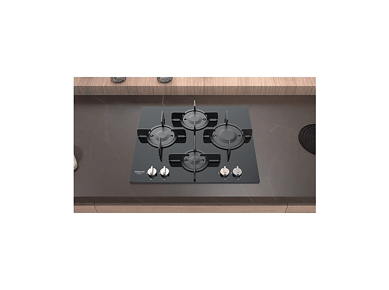 Placa de gas - Hotpoint FTGHG641D/HA(BK), 4 zone(s) zonas, Natural Gas (NG), 60 cm, Negro