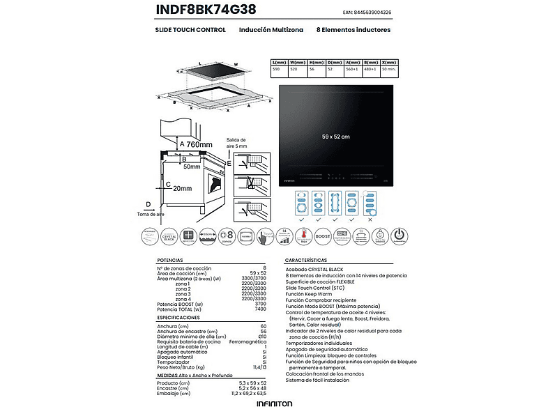 Placa de Inducción - Infiniton INDF8BK74G38, 8 zonas, 520 mm, Negro