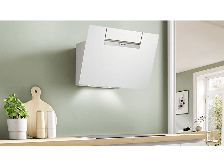 Campana decorativa - Bosch DWK67FN20, 3 velocidades, 431 m³/h, 590 mm, Cristal blanco