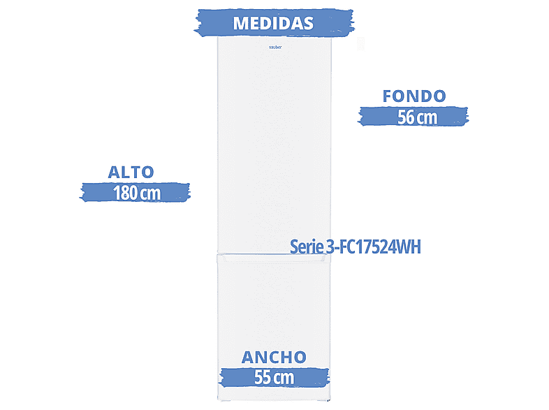 Frigorífico combi - Sauber SERIE 3-FC17524WH, Cíclico, Altura 180 cm, Capacidad 262 l, Blanco