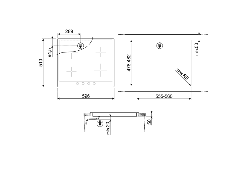 Placa de inducción - Smeg 2-275839, 4 Fuegos zonas, 596 mm, Inox