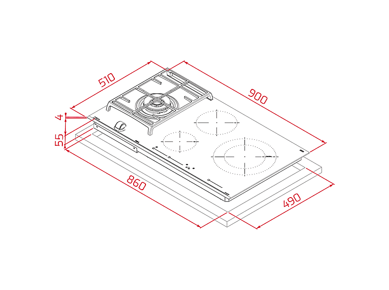 Placa híbrida - Teka JZC 94313 ABN, Inducción + Gas, 4 zonas, Zona grande 28 cm, Gas natural, 90 cm, Negro