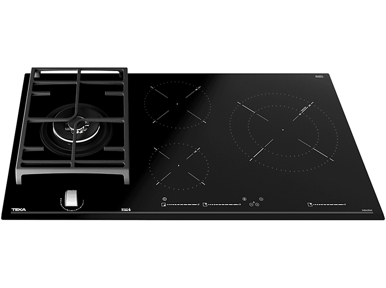 Placa híbrida - Teka JZC 94313 ABN, Inducción + Gas, 4 zonas, Zona grande 28 cm, Gas natural, 90 cm, Negro