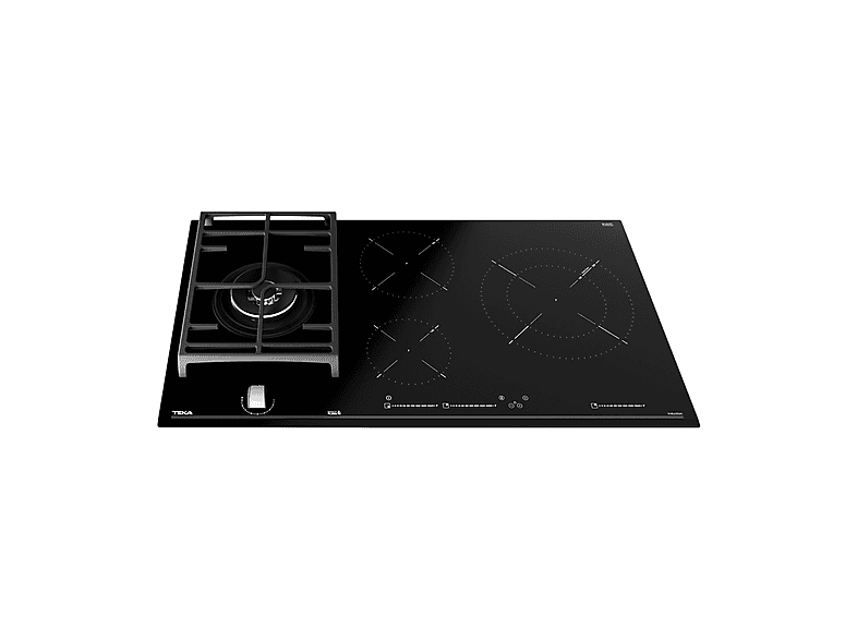 Placa híbrida - Teka JZC 94313 ABN, Inducción + Gas, 4 zonas, Zona grande 28 cm, Gas natural, 90 cm, Negro