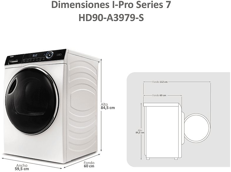 Secadora bomba de calor - Haier I-Pro Series 7 HD90-A3979-S, 9kg, 14 programas, Tambor XL con LED, Antiarrugas, Blanco