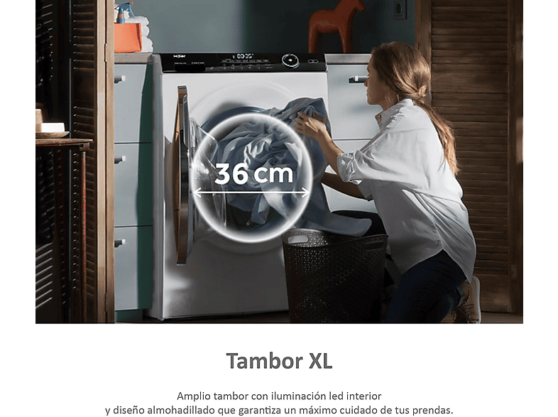Secadora bomba de calor - Haier I-Pro Series 7 HD90-A3979-S, 9kg, 14 programas, Tambor XL con LED, Antiarrugas, Blanco