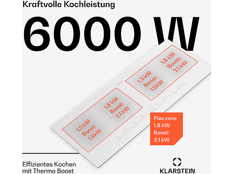 Placa de inducción - Klarstein Masterzone 90 Slim Flex, 4 zonas, 90 cm, Blanco
