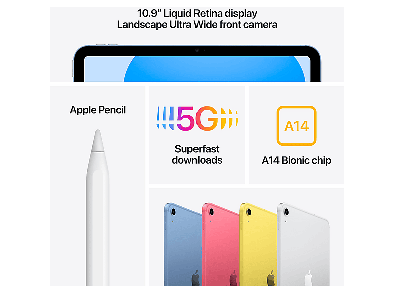 Tablet - Apple iPad, 64 GB, Plata, 10,9 " UFHD, 4 GB RAM, Apple, A14, Tablet iOS