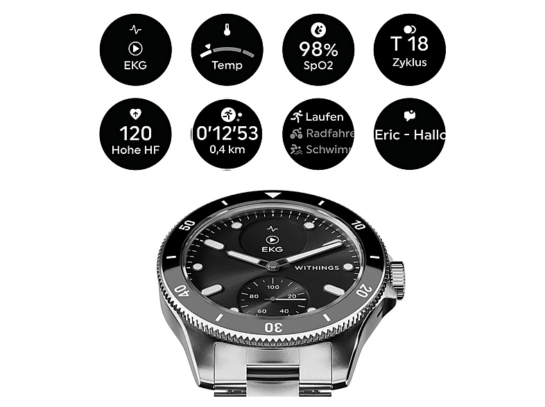 Smartwatch - Withings ScanWatch Nova, Talla única, Acero inoxidable, Negro