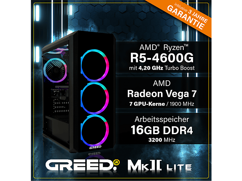 PC Gaming - Greed MK2 AMD Lite, AMD Ryzen 5 4600G, 16 GB RAM, 512 GB SSD, Radeon™ RX Vega 7, Windows 11 Pro, Negro