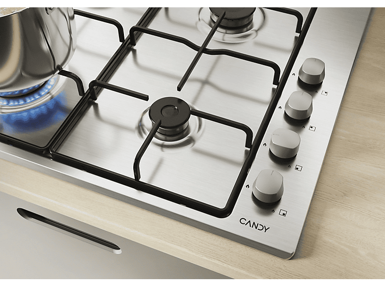 Placa de gas - Candy 33802049, 4 zone(s) zonas, 59,5 cm, Acero inoxidable