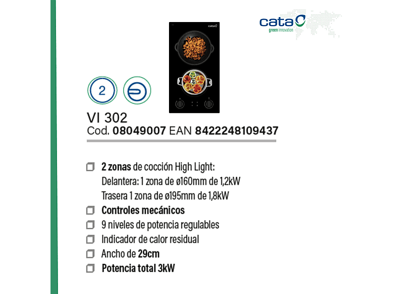 Placa de vitrocerámica - Cata VI 302, 2 zonas, 29 cm, Negro