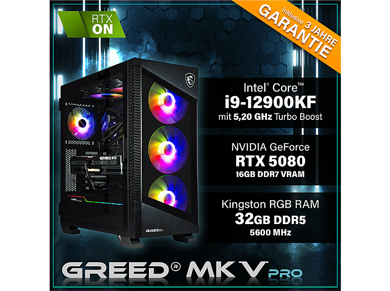 PC Gaming - Greed MK5 INTEL Pro, Intel Core i9 12900KF, 32 GB RAM, 2 TB SSD, GeForce RTX™ 5080, Windows 11 Pro, Negro