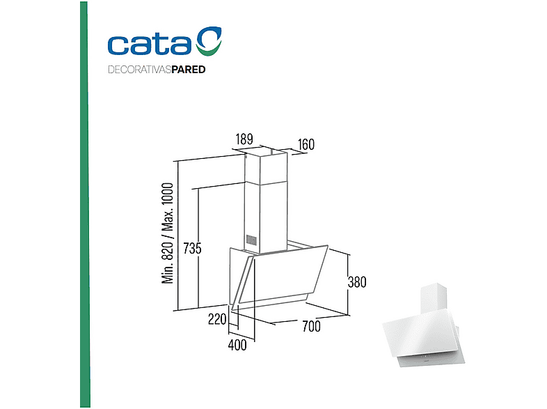 Campana decorativa - Cata 2078801 JUNO+ 7000 GWH., 6 velocidades, 562 m³/h, 70 cm, Blanco