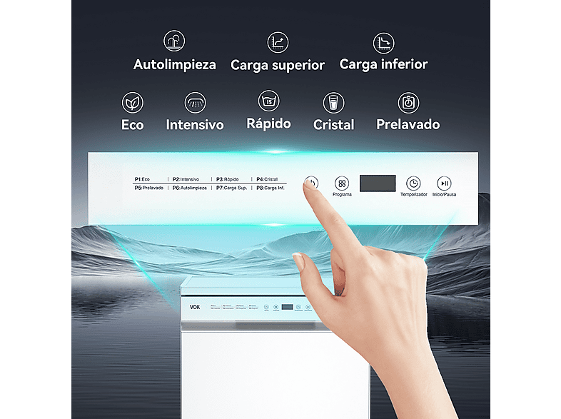 Lavavajillas libre instalación 60 cm - Vok EVD-14FCWAD, 8 programas, 60 cm, Blanco