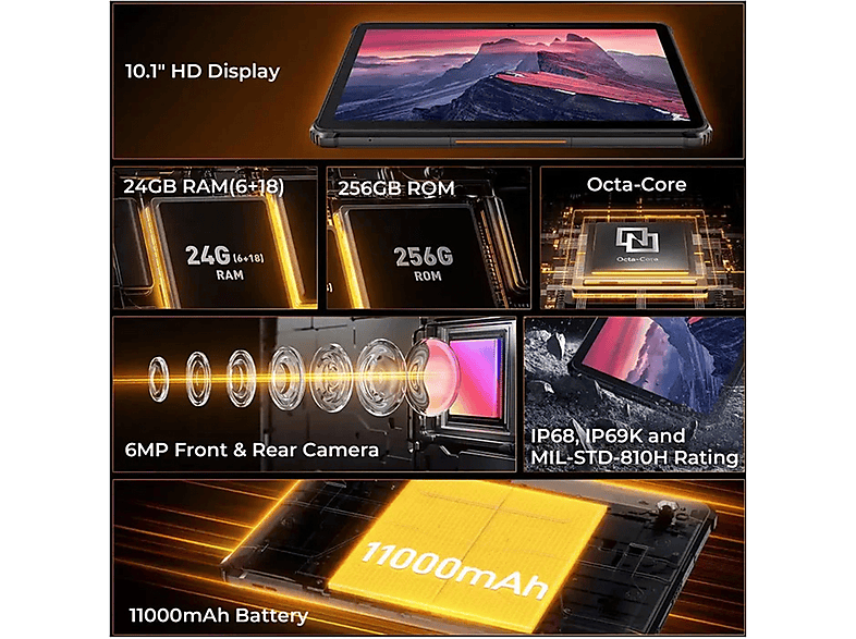 Tablet - Oukitel RT9 Tablet Rugerizada, 256 GB, Negro, 10,1 " WQVGA, 6 GB RAM, Unisoc Tiger T606 2X1.6GHz- Cortex-A75 6X1.6GHz-Cortex-A55