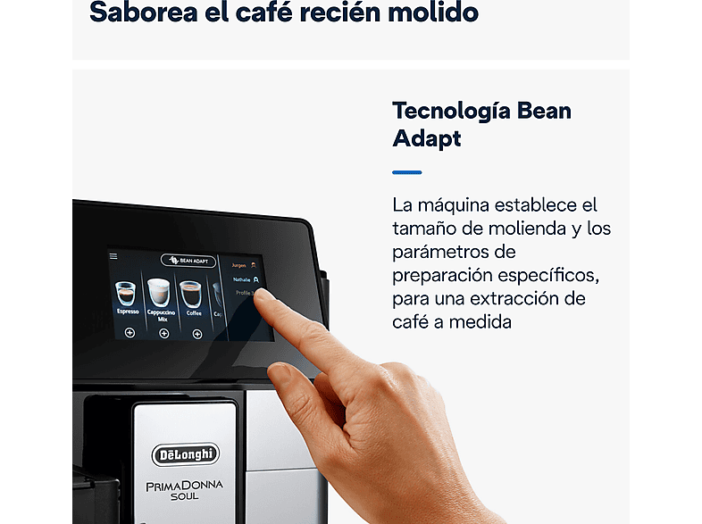Cafetera superautomática - De Longhi, De'Longhi PrimaDonna Soul ECAM610.55.SB, 1450W, 19 bar, Molinillo integrado, Sistema Thermoblock, Táctil, Inox