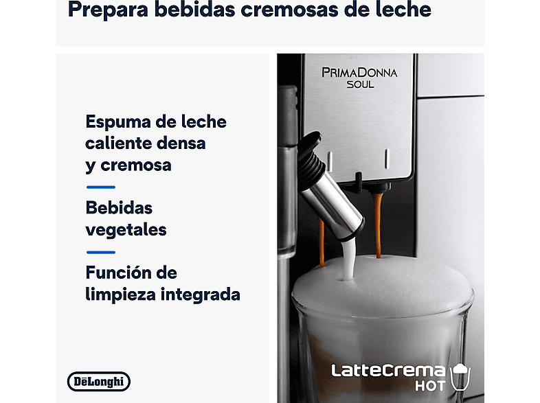 Cafetera superautomática - De Longhi, De'Longhi PrimaDonna Soul ECAM610.55.SB, 1450W, 19 bar, Molinillo integrado, Sistema Thermoblock, Táctil, Inox