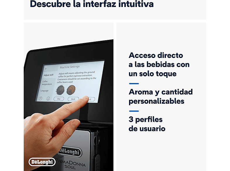 Cafetera superautomática - De Longhi, De'Longhi PrimaDonna Soul ECAM610.55.SB, 1450W, 19 bar, Molinillo integrado, Sistema Thermoblock, Táctil, Inox