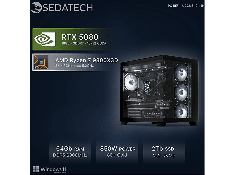 PC Gaming - Sedatech UCCM849I1I1HF, AMD Ryzen 7 9800X3D 8x 4.7Ghz (max 5.2Ghz), 64 GB RAM, 2000 GB SSD, GeForce RTX™ 5080, Windows 11 Home, Negro