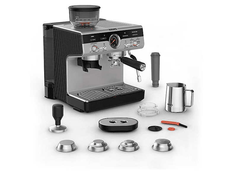 Cafetera express - Krups XP801T PROFESIONAL PRESICION C/MOLINILLO, 15 bar, 1550 W, 120 ml, 2 tazas, Inox