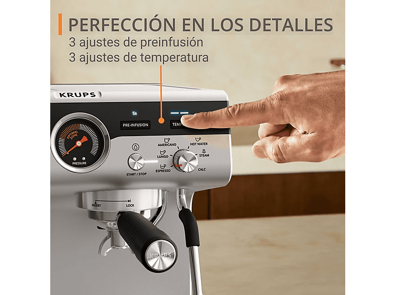 Cafetera express - Krups XP801T PROFESIONAL PRESICION C/MOLINILLO, 15 bar, 1550 W, 120 ml, 2 tazas, Inox