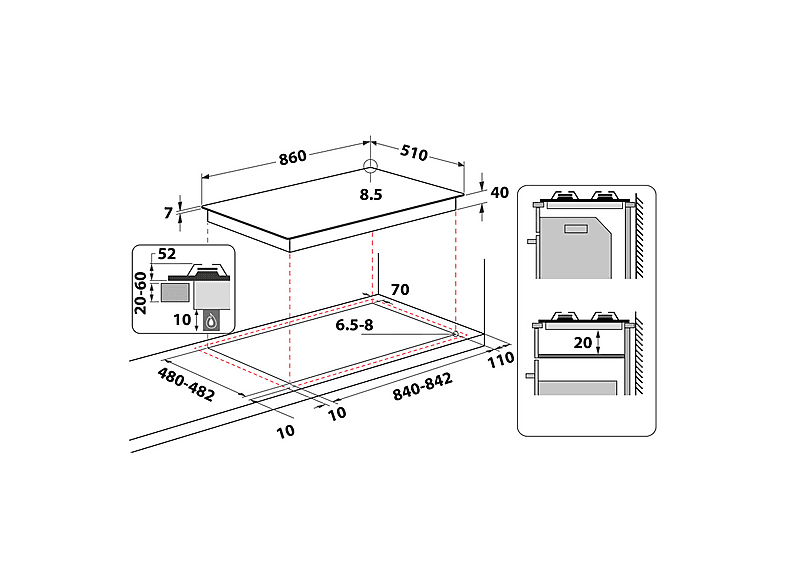 Placa de gas - Whirlpool GMWL 958/IXL, 5 zone(s) zonas, NG + LPG (Propane/Butane), 860 mm, Acero inoxidable