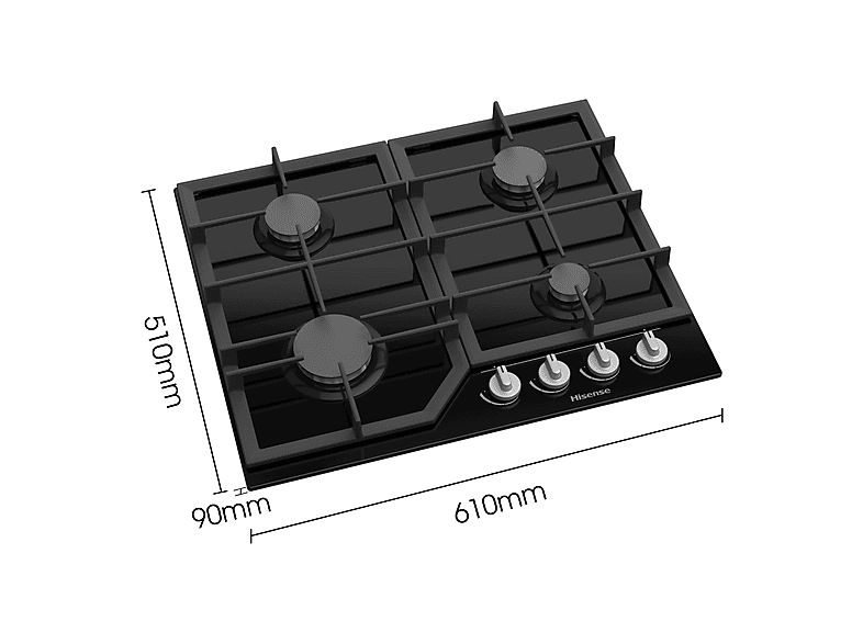 Placa de gas - Hisense 3838782655364, 4 zone(s) zonas, 600 mm, Negro