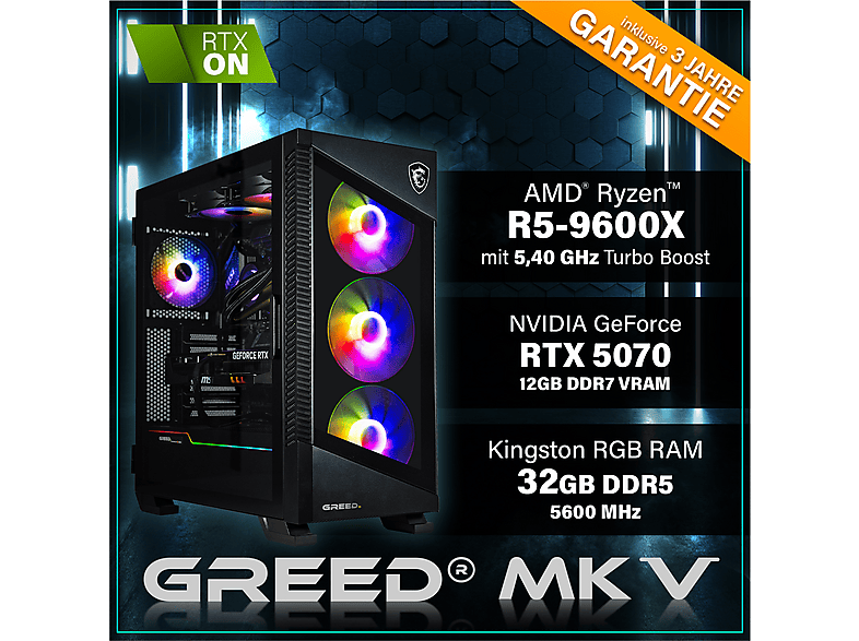 PC Gaming - Greed MK5 AMD, AMD Ryzen 5 9600X, 32 GB RAM, 1 TB SSD, GeForce RTX™ 5070, Windows 11 Pro, Negro