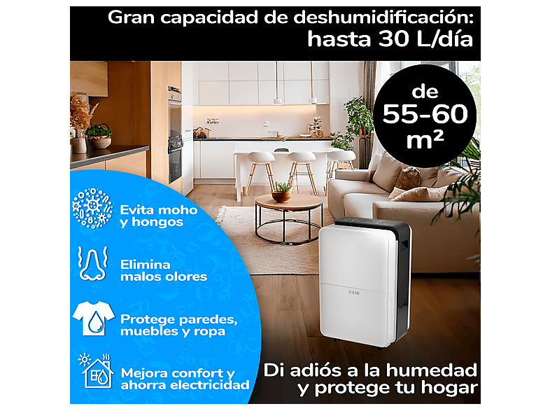 Deshumidificador - Hjm DHM30: 30L/día, Superficie 55-60 m2, Función Secado de Ropa, Silencioso, Depósito 4L, 210W, 4 l, 60 m², blanco