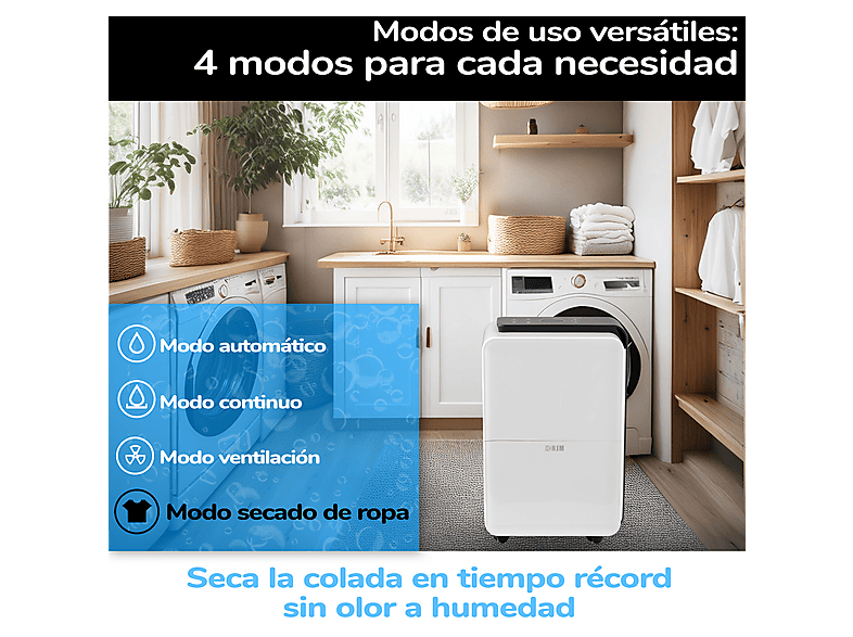 Deshumidificador - Hjm DHM30: 30L/día, Superficie 55-60 m2, Función Secado de Ropa, Silencioso, Depósito 4L, 210W, 4 l, 60 m², blanco