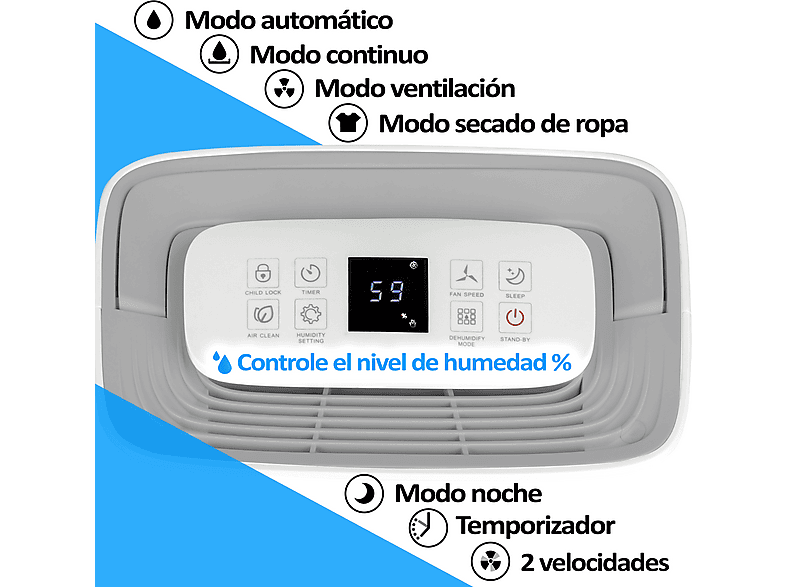Deshumidificador - Hjm DHM20L, 20L/día, 35-40m², Secado Ropa, 210W, 2,5 l, 40 m², blanco