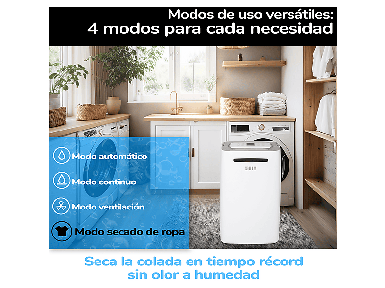 Deshumidificador - Hjm DHM20L, 20L/día, 35-40m², Secado Ropa, 210W, 2,5 l, 40 m², blanco