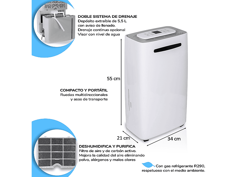 Deshumidificador - Hjm DHM20L, 20L/día, 35-40m², Secado Ropa, 210W, 2,5 l, 40 m², blanco