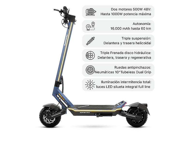 Patinete eléctrico - Smartgyro RAPTOR DUAL EVO LR Homologado DGT, Pot. máx. 1000 W, Carga máx. 140 kg, 75 km autonomía, 20,000 mAh, Azul