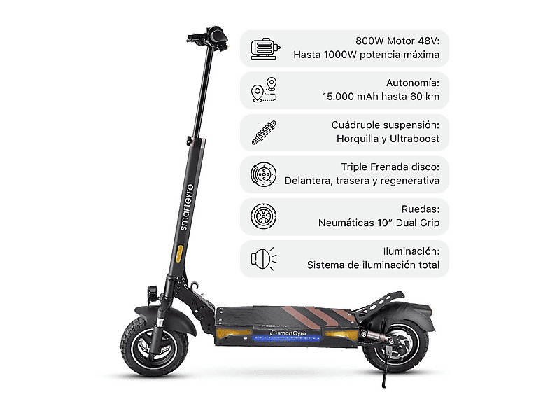Patinete eléctrico - Smartgyro SPEEDWAY PRO C Homologado DGT, Pot. máx. 1000 W, Carga máx. 140 kg, 60 km autonomía, 15,000 mAh, Negro
