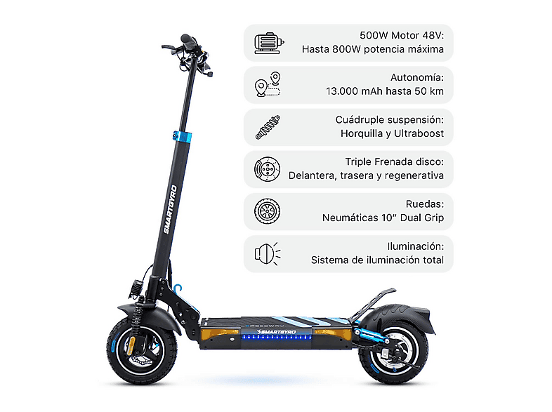 Patinete eléctrico - Smartgyro XTREME SPEEDWAY, Pot. máx. 800 W, Carga máx. 140 kg, 45 km autonomía, 13,000 mAh, Negro