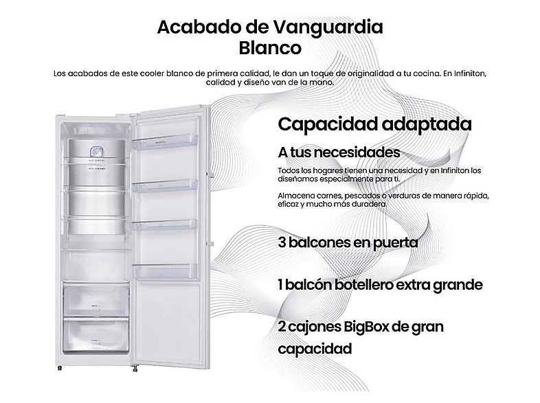 Frigorifico una puerta - Infiniton CL-A185B, No Frost, Altura 185 cm, Capacidad 375 l, Blanco
