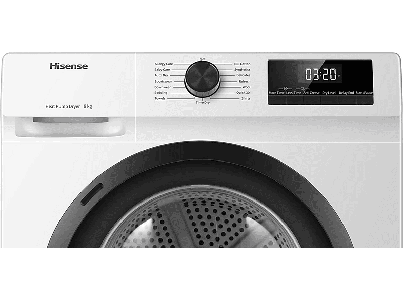 Secadora bomba de calor - Hisense DHQE800BW2 , Eléctrico, 8 kg, 16 programas, Blanco