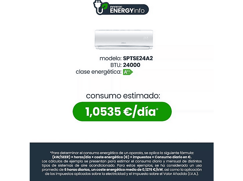 Aire acondicionado Split 1x1 - Infiniton SPTSE12A2, 24000 fg/h, Función Inverter, Blanco