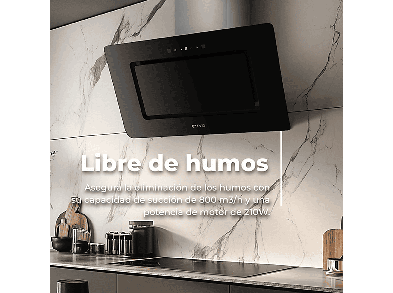 Campana decorativa - Evvo CE48 Cristal White, 3 velocidades, 800 m³/h, 900 mm, Blanco